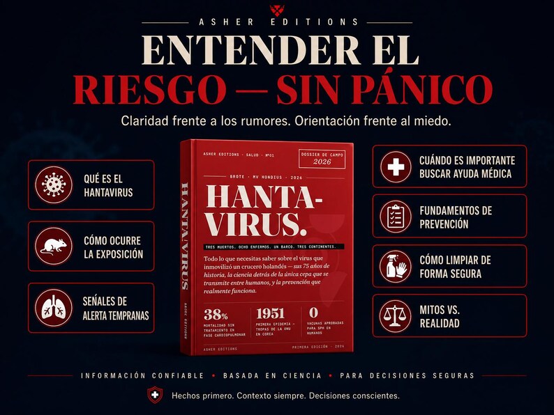 Puede incluir: Un fondo oscuro con el texto "ENTENDER EL RIESGO - SIN P&Aacute;NICO". Se presenta un libro titulado "HANTAVIRUS", junto con iconos informativos y texto sobre el virus, incluyendo estad&iacute;sticas y m&eacute;todos de prevenci&oacute;n.