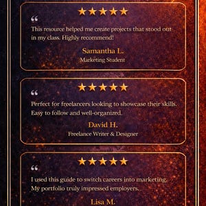 以下が含まれることがあります： 「Reviews」の文字が上部にあるデジタルグラフィック。画像には、星評価付きの3つの顧客の推薦文が掲載されています。背景は暗く、金色のアクセントと金色のボーダーがあります。