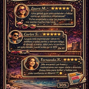 May include: A retro-style graphic featuring customer reviews. The design includes portraits, cars, and a beach scene. Text includes the word "Reviews" and customer testimonials in Spanish, with a Miami theme.