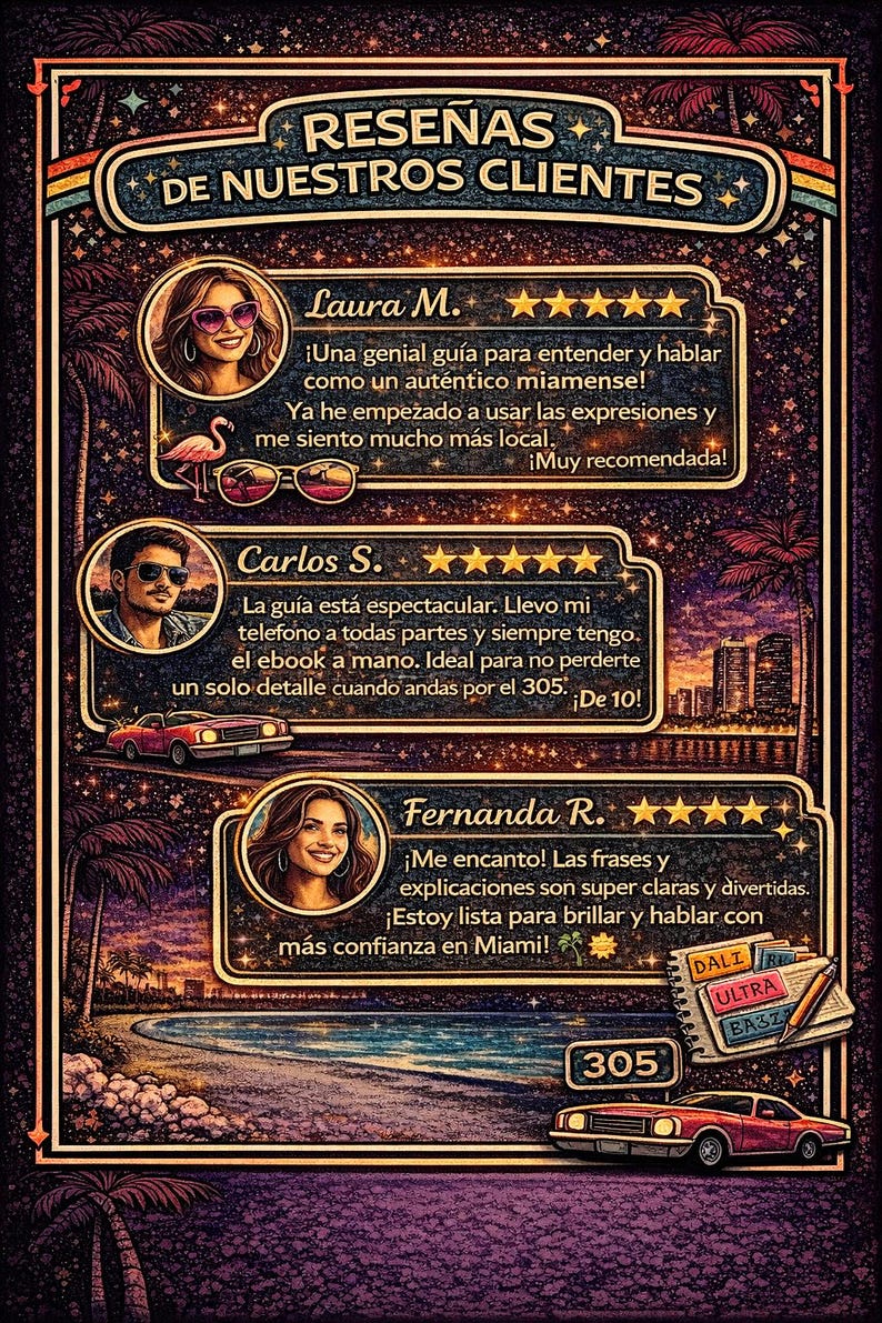 May include: A retro-style graphic featuring customer reviews. The design includes portraits, cars, and a beach scene. Text includes the word "Reviews" and customer testimonials in Spanish, with a Miami theme.