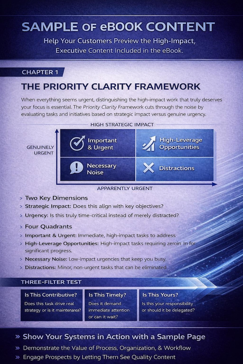 May include: A sample eBook page with the title "SAMPLE OF EBOOK CONTENT." The page includes a framework diagram titled "THE PRIORITY CLARITY FRAMEWORK" and a "THREE-FILTER TEST" section. The page is designed to help customers preview the high-impact content.