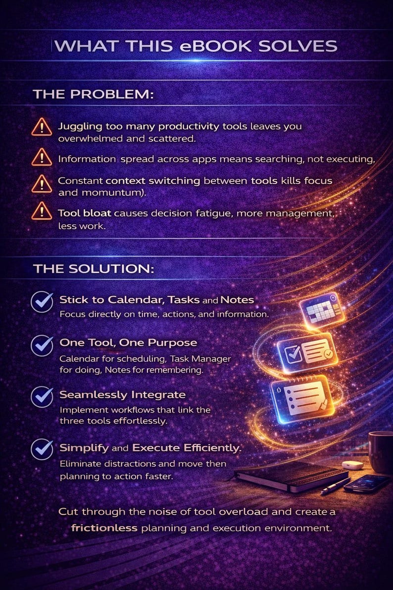 May include: An ebook cover with the title "WHAT THIS eBook SOLVES" in white text on a purple background. The image lists problems like tool overload and solutions like calendar integration. The text is accompanied by icons and graphics.