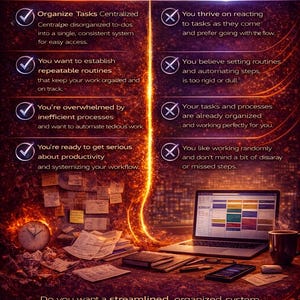 Pode incluir: Infogr&aacute;fico com o t&iacute;tulo "PARA QUE SERVE ISTO" e duas colunas. A coluna da esquerda lista os benef&iacute;cios da organiza&ccedil;&atilde;o, a coluna da direita lista as raz&otilde;es pelas quais pode n&atilde;o ser para si. Um laptop, uma ch&aacute;vena de caf&eacute; e um rel&oacute;gio s&atilde;o vis&iacute;veis.