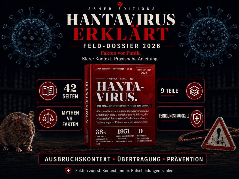 May include: A book cover with the title "Hantavirus Erkl&auml;rt" in red and white text. The cover features a red book with the title "Hanta-Virus" and supporting text. Additional elements include a mouse, infographics, and a warning sign.
