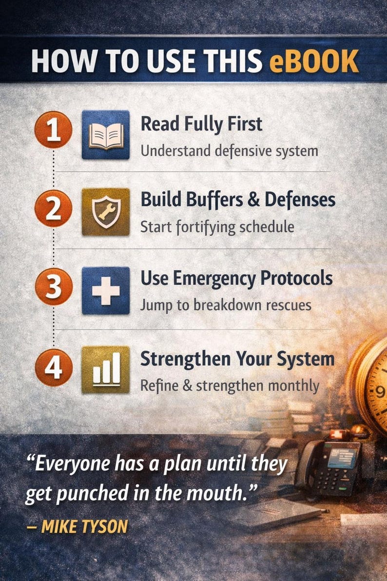 May include: An ebook guide titled "HOW TO USE THIS eBook" with numbered steps and icons. The steps include reading, building defenses, using protocols, and strengthening systems. A quote by Mike Tyson is also included.