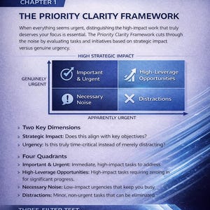 May include: A business document titled "SAMPLE CONTENT PREVIEW" with the text "THE PRIORITY CLARITY FRAMEWORK." It includes a 2x2 grid with labels like "Important & Urgent" and "High-Leverage Opportunities." The document also features a "THREE-FILTER TEST."