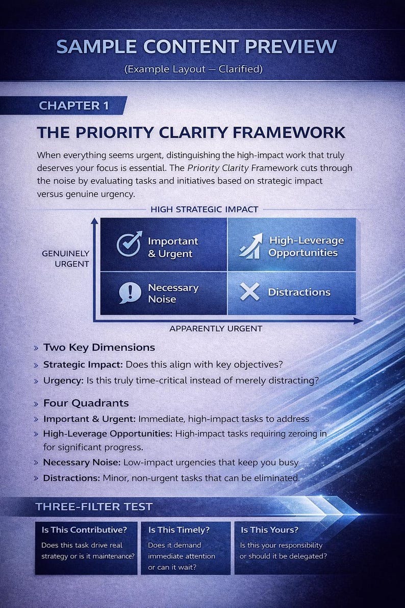 May include: A business document titled "SAMPLE CONTENT PREVIEW" with the text "THE PRIORITY CLARITY FRAMEWORK." It includes a 2x2 grid with labels like "Important & Urgent" and "High-Leverage Opportunities." The document also features a "THREE-FILTER TEST."