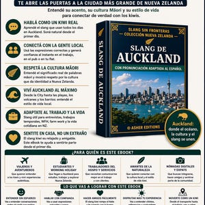 May include: An ebook cover titled "Slang de Auckland" with a cityscape and text in Spanish. It promises to help readers understand Kiwi slang, connect with locals, and experience Auckland's culture. Includes a kiwi bird illustration.