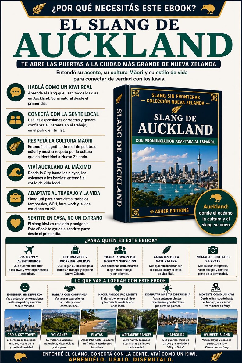 May include: An ebook cover titled "Slang de Auckland" with a cityscape and text in Spanish. It promises to help readers understand Kiwi slang, connect with locals, and experience Auckland's culture. Includes a kiwi bird illustration.