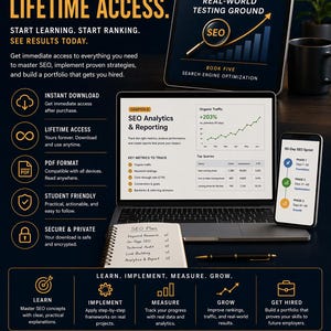 May include: Digital marketing student series book cover with the text "Instant Download. Lifetime Access." A laptop, tablet, and smartphone display SEO analytics and reporting information. The book promises to help you master SEO.