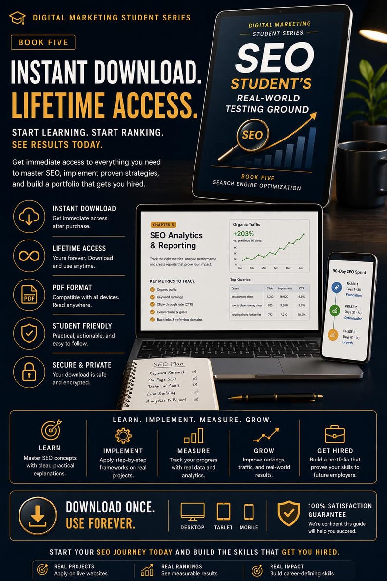May include: Digital marketing student series book cover with the text "Instant Download. Lifetime Access." A laptop, tablet, and smartphone display SEO analytics and reporting information. The book promises to help you master SEO.