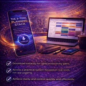 May include: Digital marketing image promoting the 3-Tool Planning Stack. The image features a smartphone and laptop displaying planning tools, with the text "INSTANT DOWNLOAD" and "GET THE EBOOK NOW". The background is a dark purple with a city skyline.