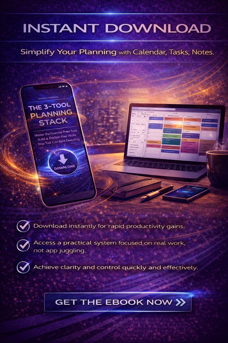 May include: Digital marketing image promoting the 3-Tool Planning Stack. The image features a smartphone and laptop displaying planning tools, with the text "INSTANT DOWNLOAD" and "GET THE EBOOK NOW". The background is a dark purple with a city skyline.