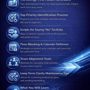 May include: A blue graphic with the text "WHAT YOU'LL RECEIVE" at the top. Below are bullet points with titles like "Energy-First Focus Framework" and "Time-Blocking & Calendar Defenses". The image is designed to inform the viewer.