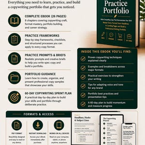 May include: An ebook on copywriting, "The Copywriting Student's Practice Portfolio." The cover is dark green with white text. It covers copywriting craft, portfolio building, and format mastery. Available in PDF format, it is designed for digital devices.