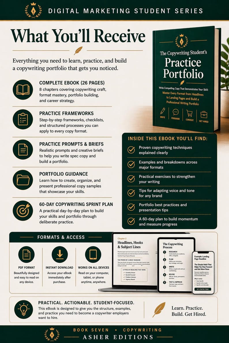 May include: An ebook on copywriting, "The Copywriting Student's Practice Portfolio." The cover is dark green with white text. It covers copywriting craft, portfolio building, and format mastery. Available in PDF format, it is designed for digital devices.
