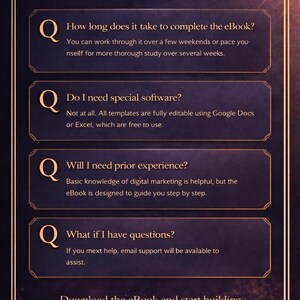 May include: A dark purple graphic with gold accents and text. The text reads "Any Questions?" followed by questions about an eBook, including software, experience, and support. A gold envelope graphic is at the bottom.