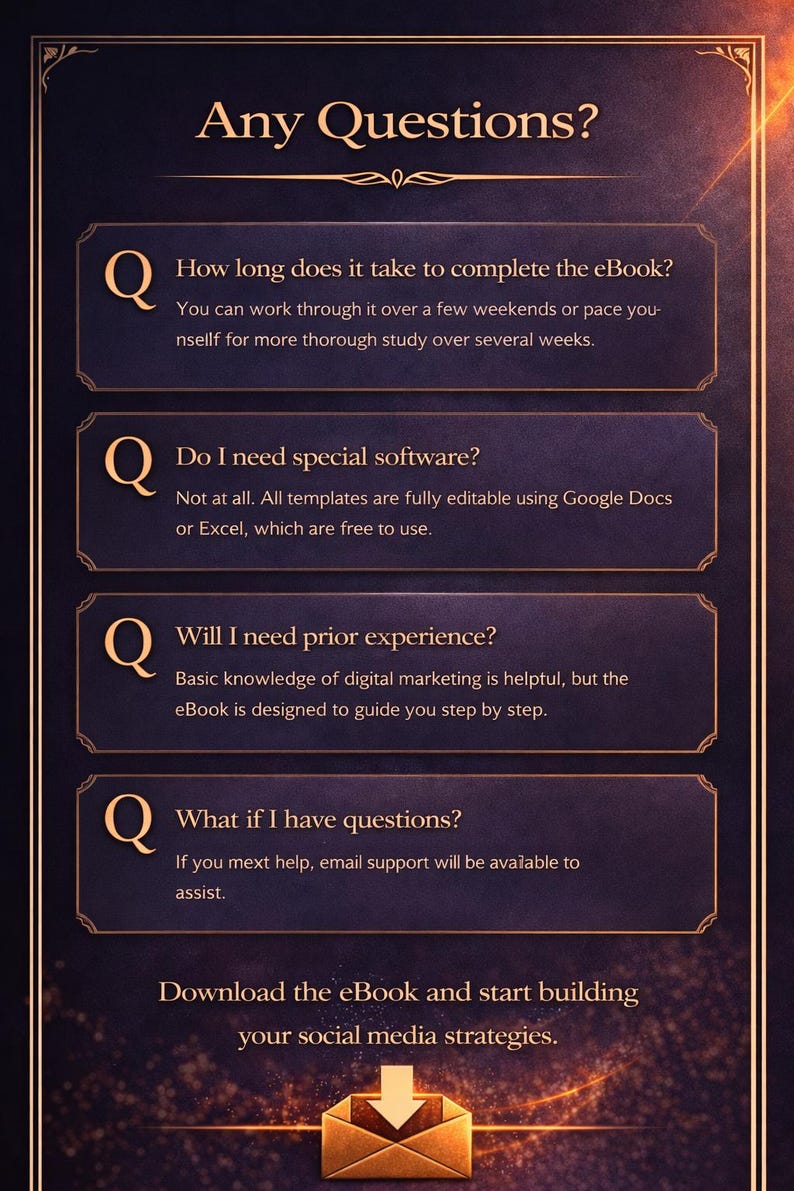 May include: A dark purple graphic with gold accents and text. The text reads "Any Questions?" followed by questions about an eBook, including software, experience, and support. A gold envelope graphic is at the bottom.