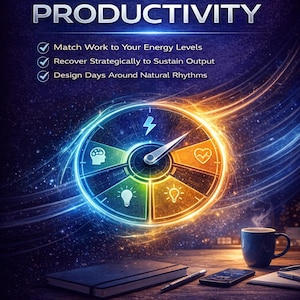 May include: An image promoting "Energy-First Productivity" with a stylized clock face and text. The clock face has sections with icons and a lightning bolt. The text reads "Match Work to Your Energy Levels", "Recover Strategically to Sustain Output", and "Design Days Around Natural Rhythms". A blue mug and notebook are also visible.