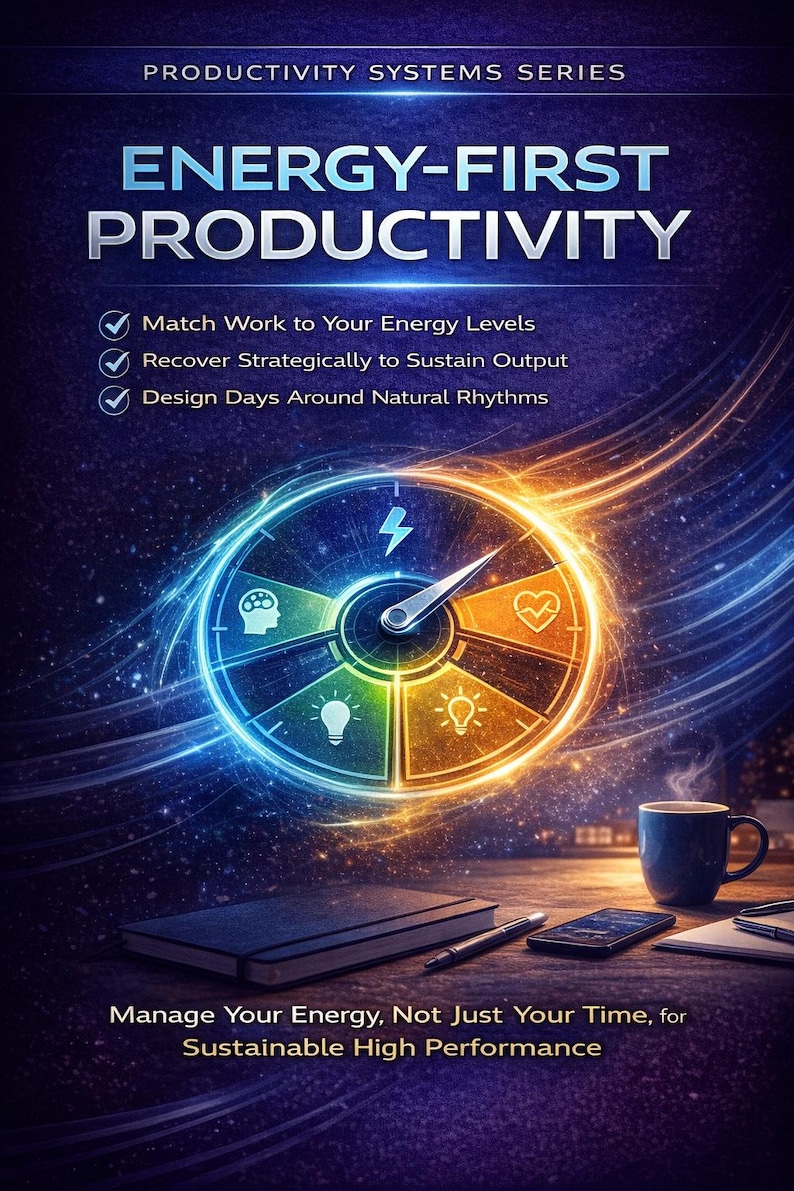 May include: An image promoting "Energy-First Productivity" with a stylized clock face and text. The clock face has sections with icons and a lightning bolt. The text reads "Match Work to Your Energy Levels", "Recover Strategically to Sustain Output", and "Design Days Around Natural Rhythms". A blue mug and notebook are also visible.