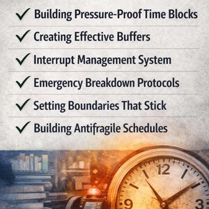 May include: Image with the text "WHAT YOU WILL LEARN" and bullet points about time management. A clock, telephone, and books are in the background. The clock shows the time is approximately 2:45. The topics include building time blocks and setting boundaries.