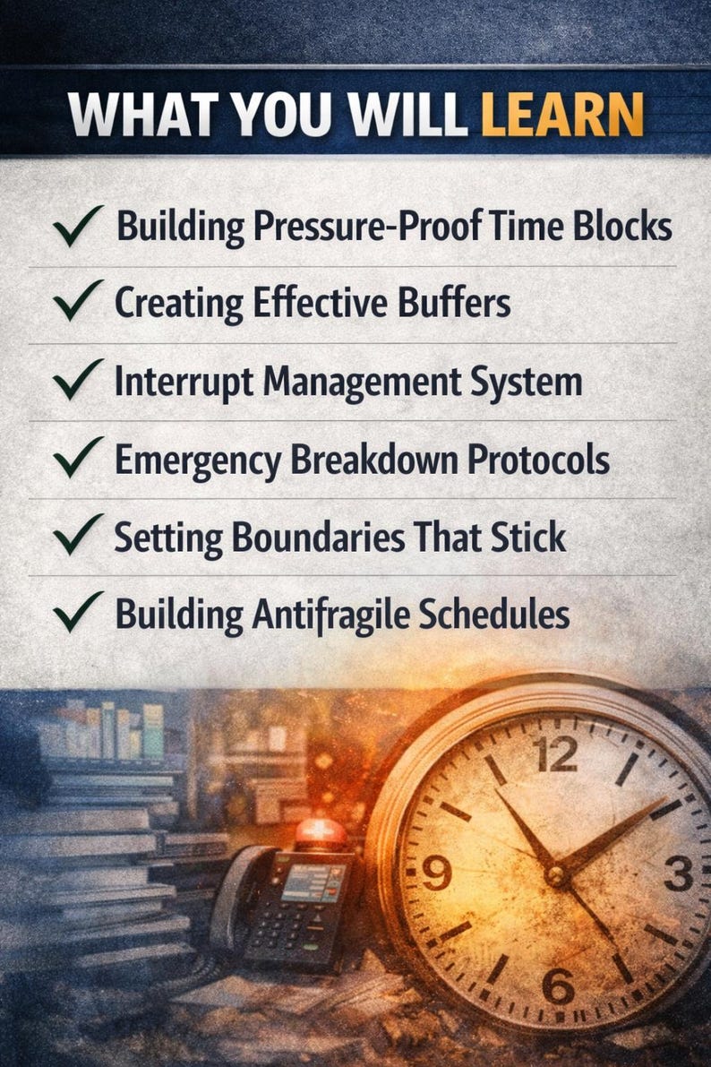 May include: Image with the text "WHAT YOU WILL LEARN" and bullet points about time management. A clock, telephone, and books are in the background. The clock shows the time is approximately 2:45. The topics include building time blocks and setting boundaries.