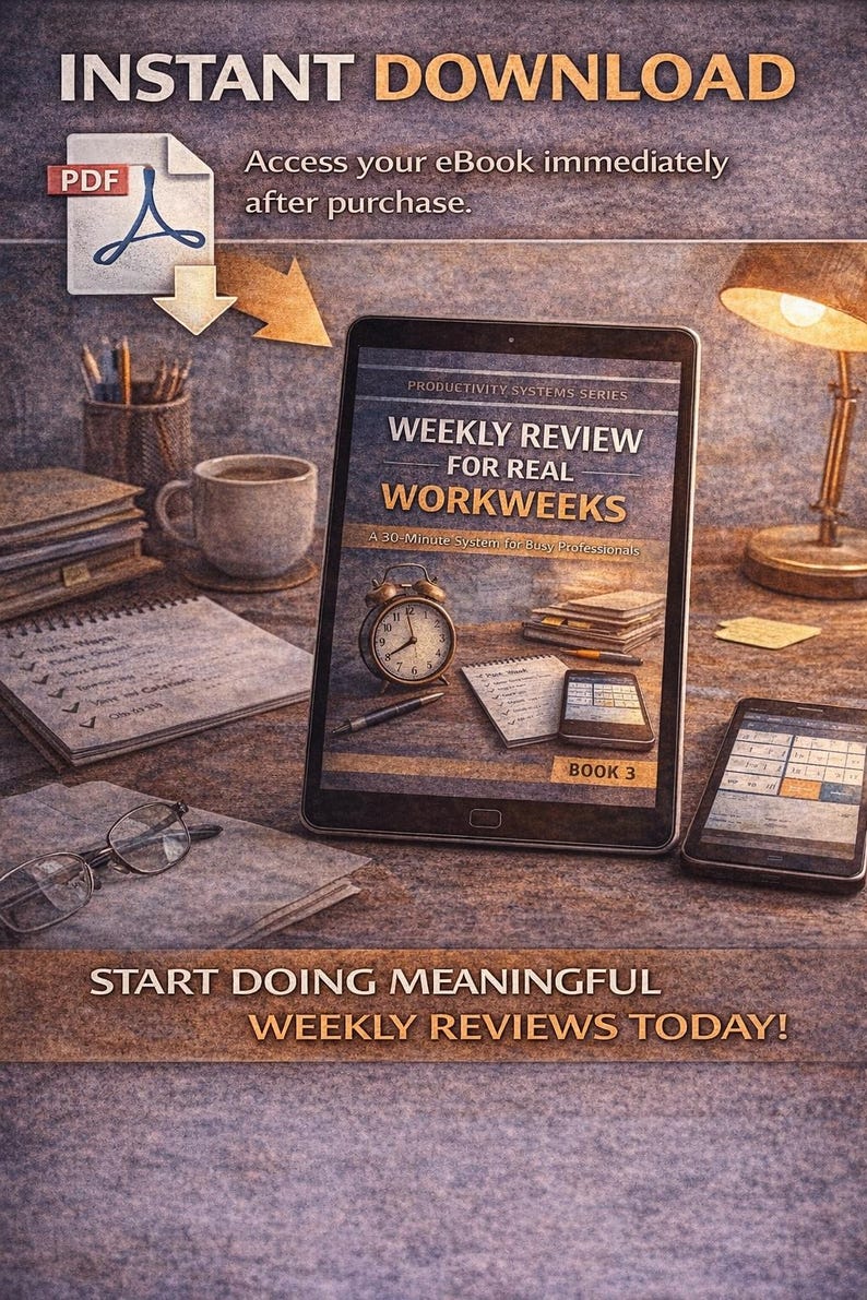 May include: An image promoting an ebook download, featuring a tablet displaying "Weekly Review for Real Workweeks." Other items include a coffee cup, notepad, glasses, and a small alarm clock. The text reads "Instant Download" and "Start Doing Meaningful Weekly Reviews Today!"