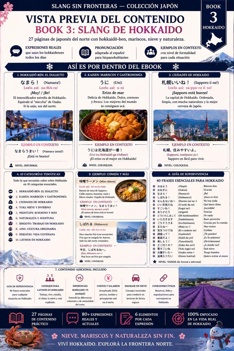 May include: A book titled "Slang de Hokkaido" with Japanese text and illustrations. It covers Hokkaido dialect, seafood, winter, and more. Includes phrases, examples, and cultural insights.