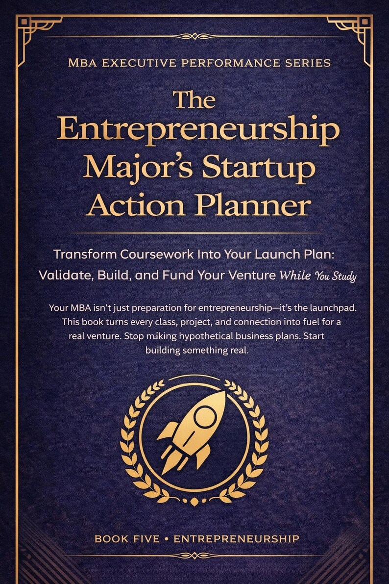 May include: A navy blue book cover with gold text that reads "The Entrepreneurship Major's Startup Action Planner." The cover includes a rocket ship graphic and text about turning coursework into a launch plan.