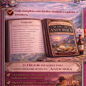 May include: An advertisement for an ebook titled "Slang de Andorra" with a burgundy cover. The image includes an open book displaying content, a bottle of wine, and a group of people in a bar setting.