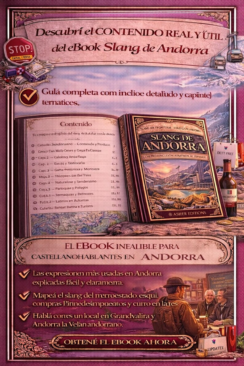 May include: An advertisement for an ebook titled "Slang de Andorra" with a burgundy cover. The image includes an open book displaying content, a bottle of wine, and a group of people in a bar setting.