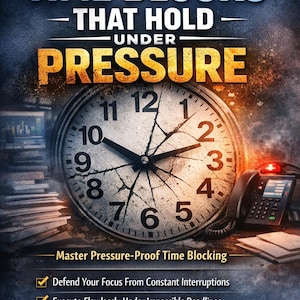 May include: Book cover titled "Time Blocks That Hold Under Pressure." A large clock face is central, with a phone and papers to the right. The cover promises to help readers defend focus, execute flawlessly, and build schedules.