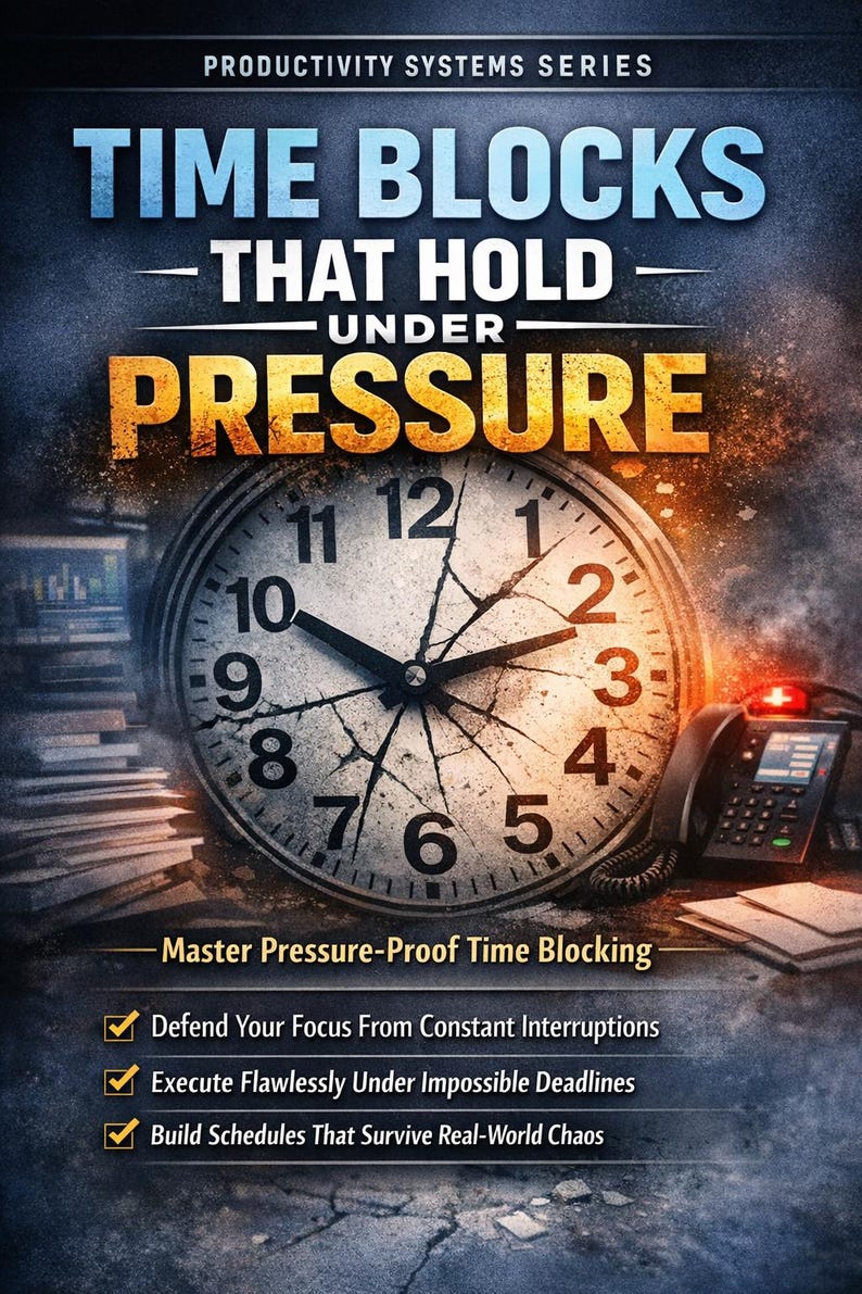 May include: Book cover titled "Time Blocks That Hold Under Pressure." A large clock face is central, with a phone and papers to the right. The cover promises to help readers defend focus, execute flawlessly, and build schedules.