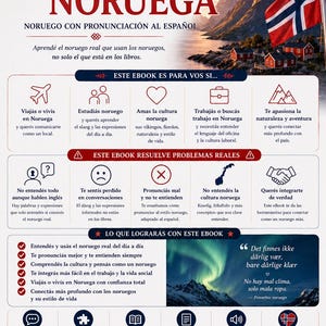 May include: An ebook cover titled "Slang de Noruega" in Spanish, with Norwegian flags and a mountain landscape. It promises to teach real Norwegian slang and pronunciation, with sections on culture, travel, and work. The book is designed for Spanish speakers.