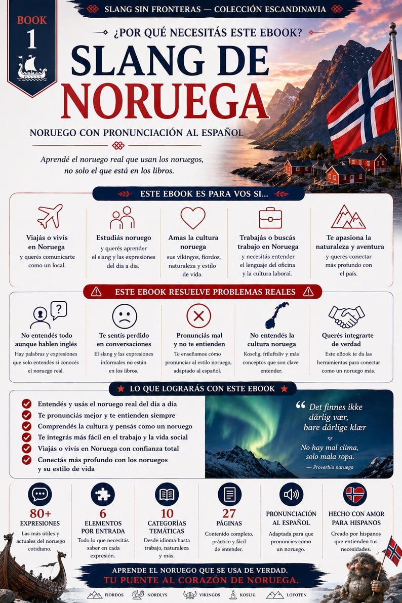 May include: An ebook cover titled "Slang de Noruega" in Spanish, with Norwegian flags and a mountain landscape. It promises to teach real Norwegian slang and pronunciation, with sections on culture, travel, and work. The book is designed for Spanish speakers.