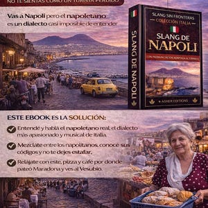 May include: An advertisement for a language guide titled "Slang de Napoli" with text in Spanish. The image features a woman holding pastries, a yellow car, and a coastal city view. The guide promises to help travelers understand Neapolitan dialect.