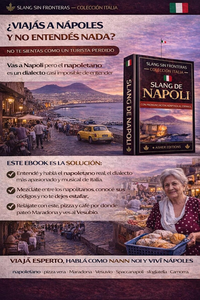 May include: An advertisement for a language guide titled "Slang de Napoli" with text in Spanish. The image features a woman holding pastries, a yellow car, and a coastal city view. The guide promises to help travelers understand Neapolitan dialect.