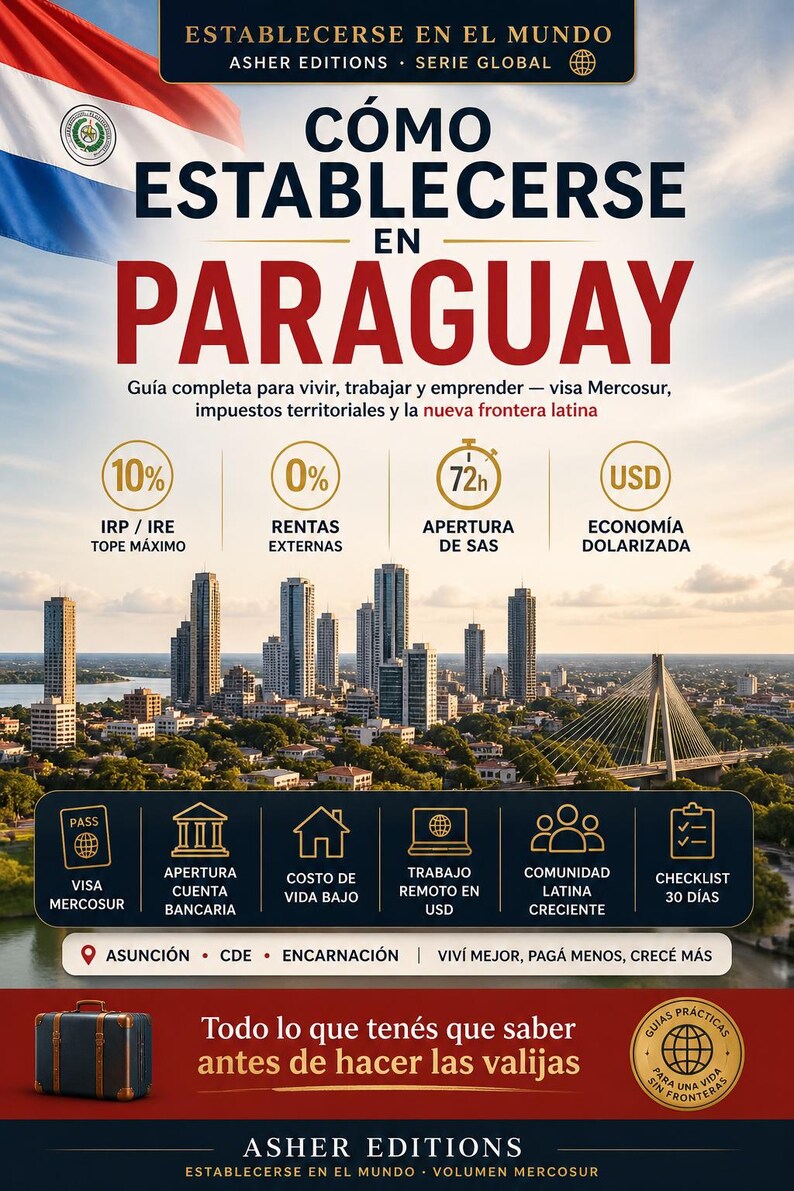 May include: A promotional poster in Spanish with the title "C&oacute;mo Establecerse en Paraguay." The poster includes information on visas, taxes, and business setup, with a cityscape and a bridge in the background. A suitcase is at the bottom.