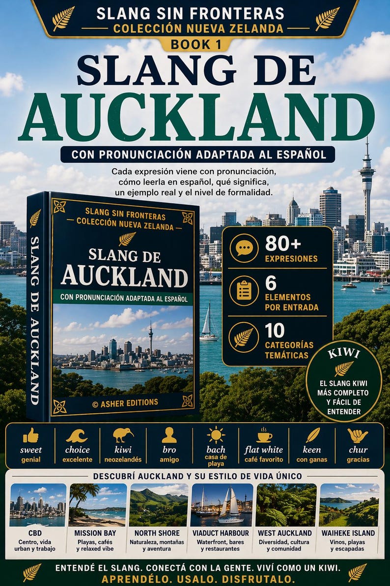 May include: A book titled "Slang de Auckland" with the text "Slang Sin Fronteras - Colecci&oacute;n Nueva Zelanda." The cover features a cityscape and the text "Con Pronunciaci&oacute;n Adaptada al Espa&ntilde;ol." Additional text includes "80+ expresiones" and "10 categor&iacute;as tem&aacute;ticas."