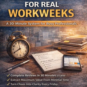 Puede incluir: Portada del libro "Weekly Review for Real Workweeks" con un despertador vintage, un bloc de notas, un bolígrafo y un smartphone. El libro promete un sistema de 30 minutos para profesionales ocupados. El texto "Easy and Professional E-Books" y "Book 3" también está presente.