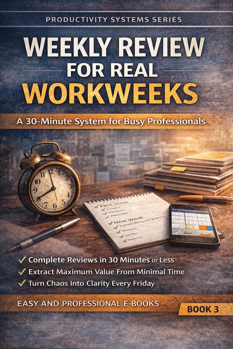 May include: Book cover titled "Weekly Review for Real Workweeks" with a vintage alarm clock, notepad, pen, and smartphone. The book promises a 30-minute system for busy professionals. The cover also includes the text "Easy and Professional E-Books" and "Book 3."