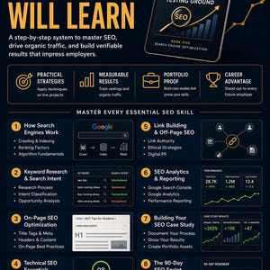 May include: An infographic for an SEO course, featuring a tablet with "SEO Student's Real-World Testing Ground" and a magnifying glass icon. The graphic details SEO strategies, keyword research, and analytics, with a 90-day roadmap.