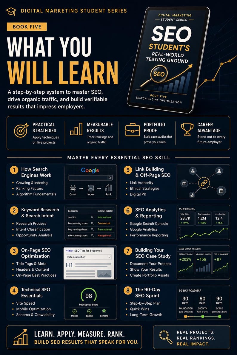 May include: An infographic for an SEO course, featuring a tablet with "SEO Student's Real-World Testing Ground" and a magnifying glass icon. The graphic details SEO strategies, keyword research, and analytics, with a 90-day roadmap.