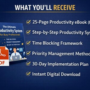 Puede incluir: Imagen de un producto digital titulado "The Ultimate Productivity System for Busy Professionals". La portada muestra a un hombre trabajando en un port&aacute;til. La imagen enumera el contenido: un eBook de 25 p&aacute;ginas, un sistema paso a paso, un marco de bloqueo de tiempo y un plan de 30 d&iacute;as.