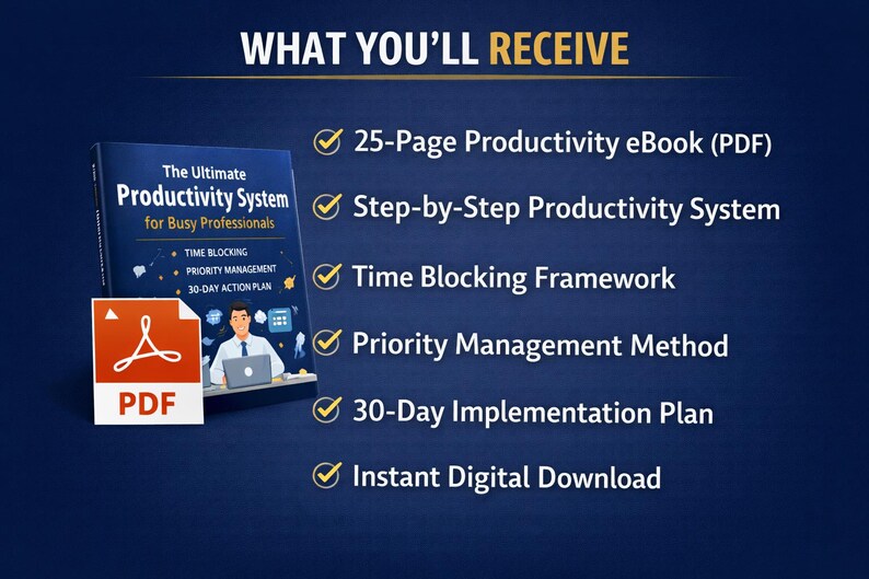 Puede incluir: Imagen de un producto digital titulado "The Ultimate Productivity System for Busy Professionals". La portada muestra a un hombre trabajando en un port&aacute;til. La imagen enumera el contenido: un eBook de 25 p&aacute;ginas, un sistema paso a paso, un marco de bloqueo de tiempo y un plan de 30 d&iacute;as.