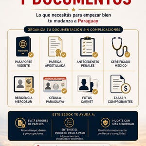 May include: A promotional graphic for Asher Editions, a guide for Paraguayan immigration. The design features a Paraguayan flag, passport, and other documents. Text includes "Visa, Residency, and Documents" and "Organize your documentation without complications."