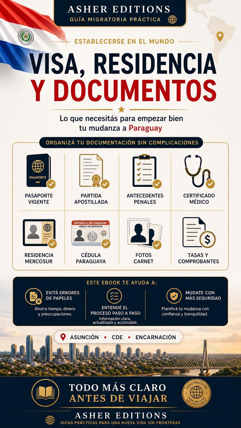 May include: A promotional graphic for Asher Editions, a guide for Paraguayan immigration. The design features a Paraguayan flag, passport, and other documents. Text includes "Visa, Residency, and Documents" and "Organize your documentation without complications."