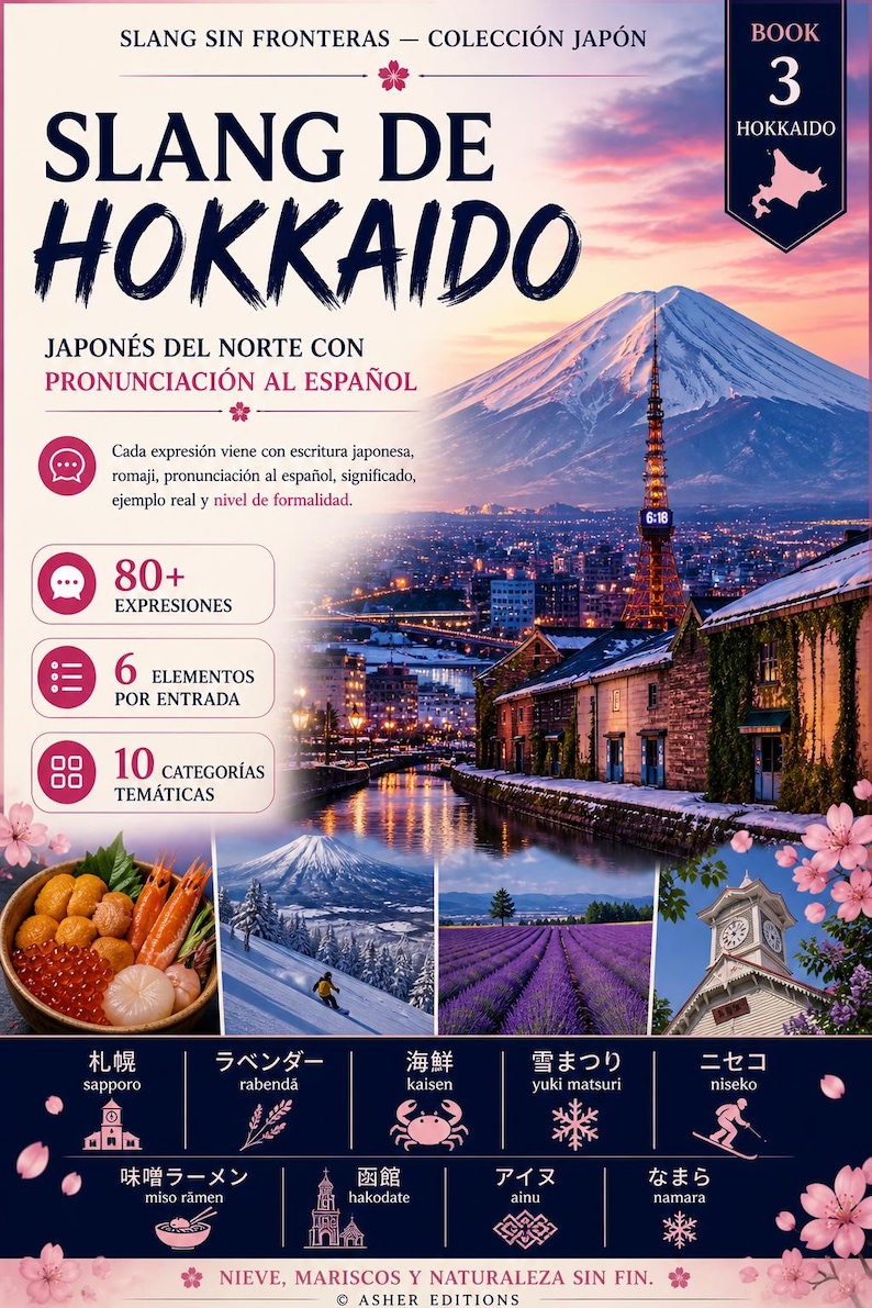 May include: A book cover titled "Slang de Hokkaido" in a Japanese collection, featuring a mountain landscape and city views. The cover includes Japanese phrases with Spanish pronunciation, and icons for expressions, elements, and categories.