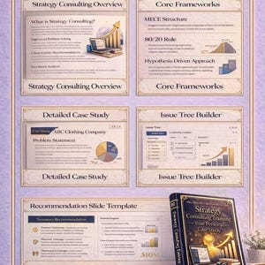 May include: A promotional image featuring a book titled "Strategy Consulting Training - Your Personal Case Study" next to a notebook and pen. The image also displays several informational slides on strategy consulting, case studies, and frameworks.