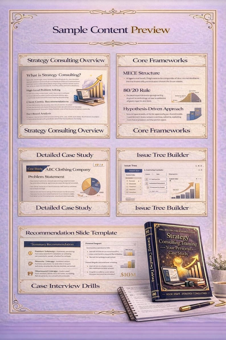 May include: A promotional image featuring a book titled "Strategy Consulting Training - Your Personal Case Study" next to a notebook and pen. The image also displays several informational slides on strategy consulting, case studies, and frameworks.